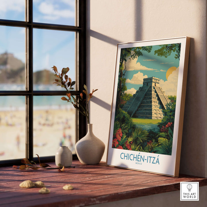 Chichén Itzá travel poster featuring El Castillo pyramid surrounded by lush greenery and flowers, perfect for decor.