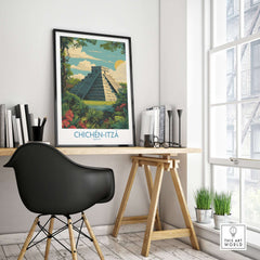 Mexico Chichén Itzá Mayan Pyramid Poster Jungle Ruins Travel Print El Castillo Art on a wall above a stylish desk.