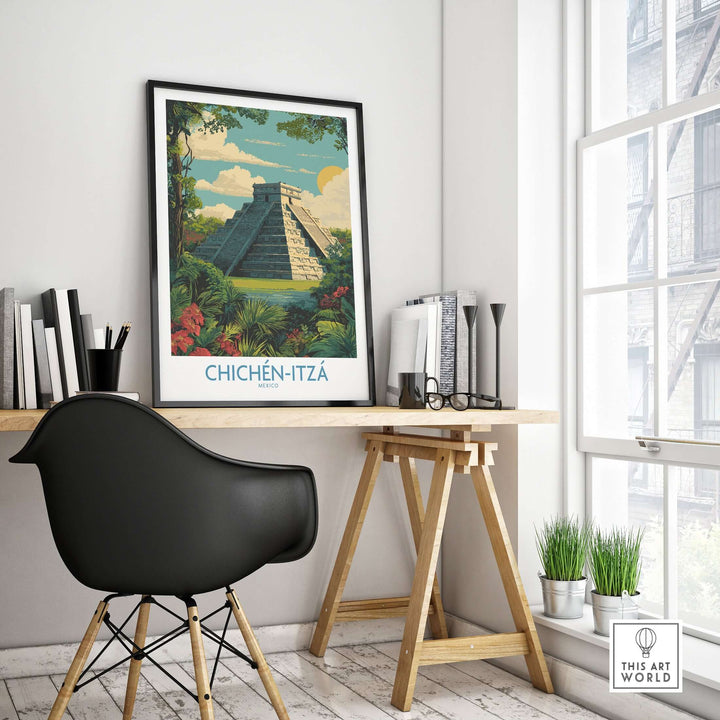 Chichén Itzá Mayan pyramid poster on wall in modern workspace, surrounded by books and greenery.