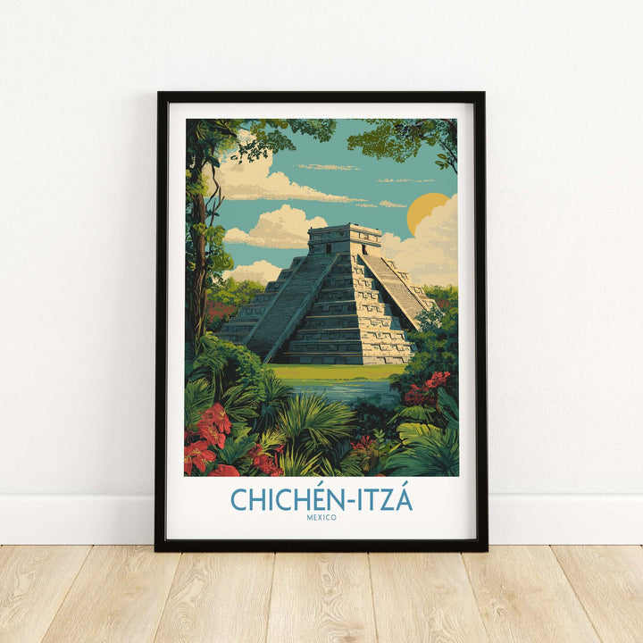 Chichén Itzá Mayan pyramid poster featuring El Castillo amid vibrant jungle and flowers, showcasing Mexico's rich heritage.