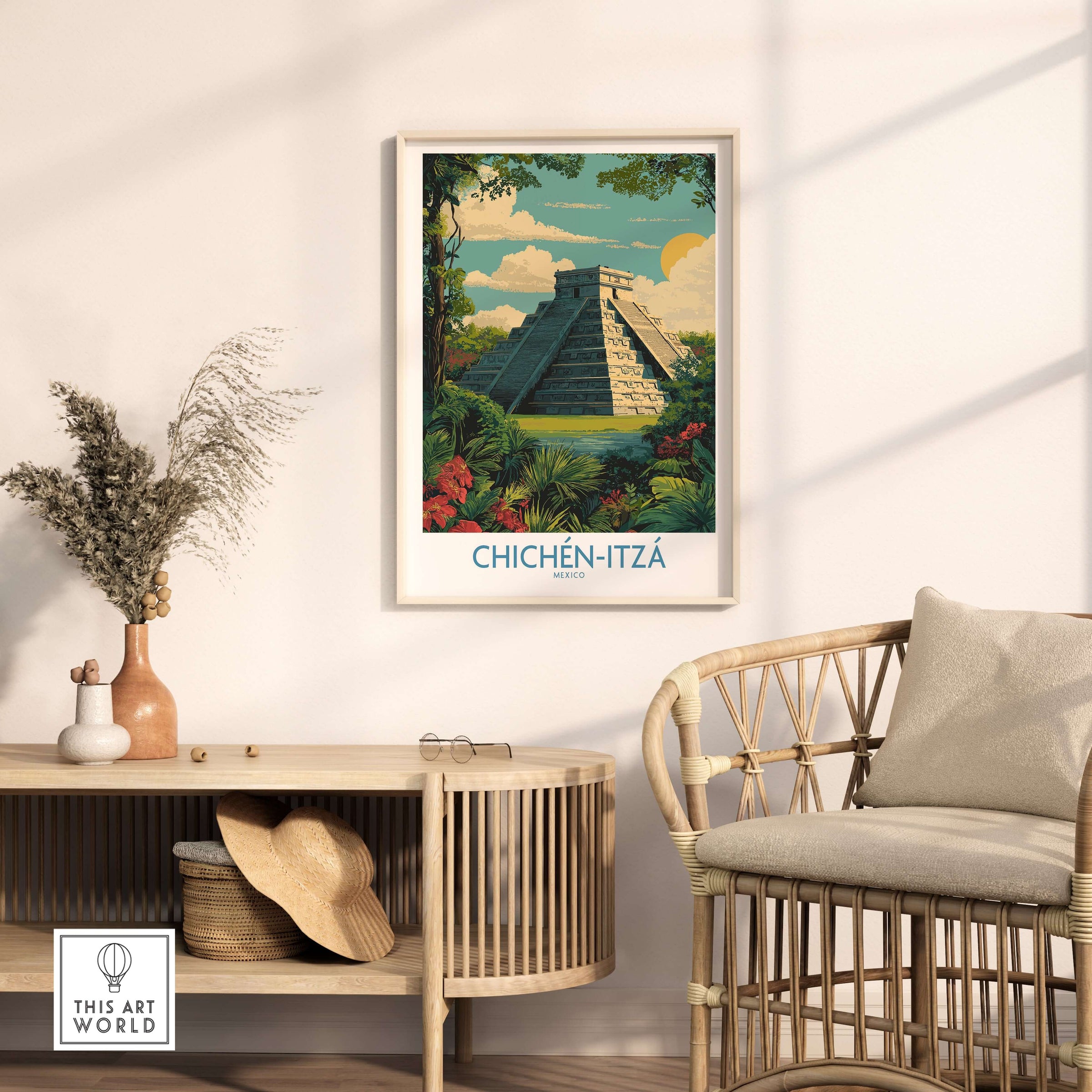 Mexico Chichén Itzá Mayan Pyramid Poster Jungle Ruins Travel Print El Castillo Art in a stylish living room setting.