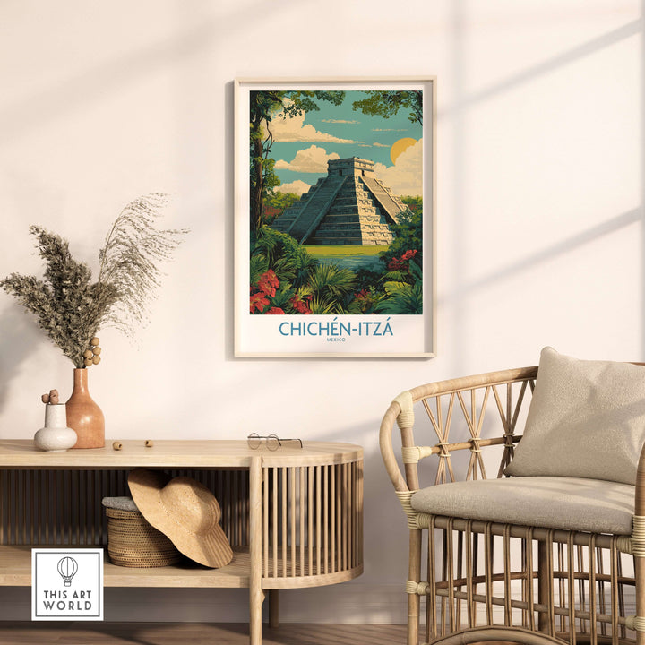 Chichén Itzá Mayan pyramid poster framed in a stylish room with jungle greenery and colorful flowers.