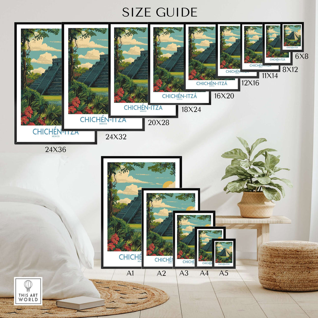 Size guide for Mexico Chichén Itzá Mayan Pyramid poster print options with dimensions displayed.