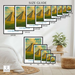 Mexico Mayan Pyramid Chichén Itzá Travel Poster El Castillo Landscape Print Wall Art size guide with various frame sizes.