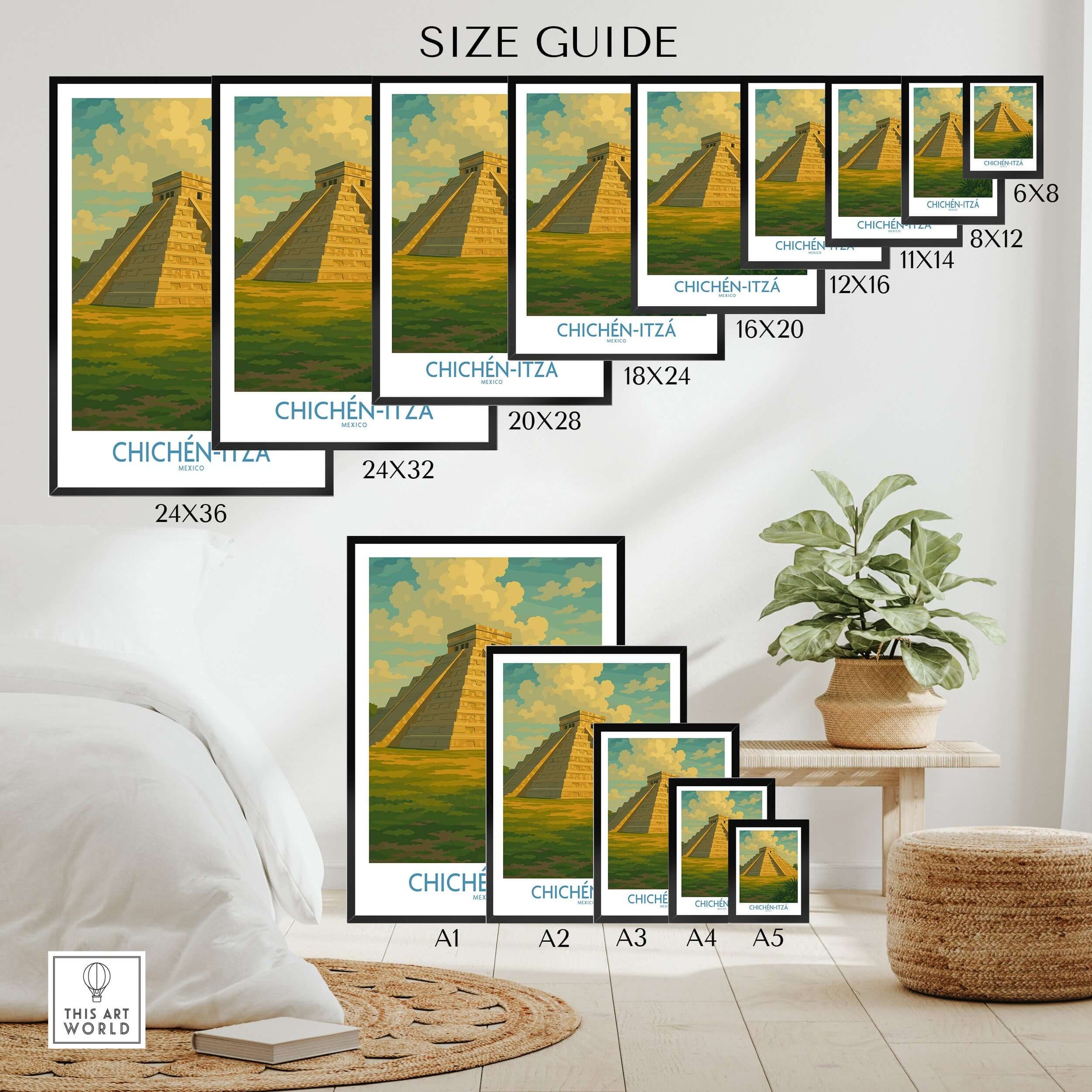 Mexico Mayan Pyramid Chichén Itzá Travel Poster El Castillo Landscape Print Wall Art size guide with various frame sizes.