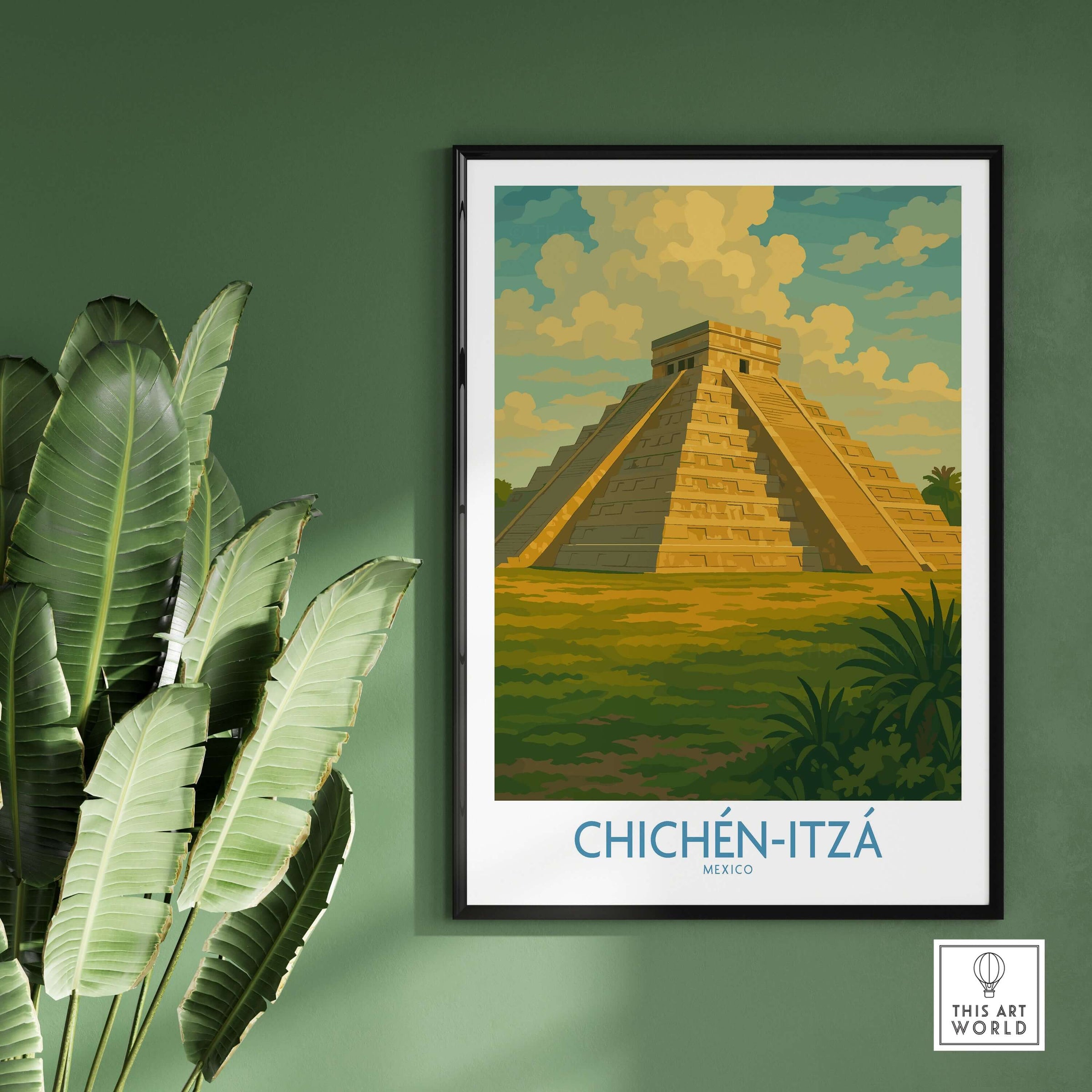 Mexico Mayan Pyramid Chichén Itzá Travel Poster El Castillo Landscape Print Wall Art featuring Kukulcan Pyramid.