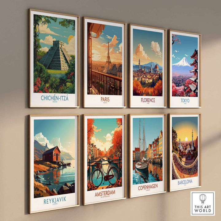 Collection of travel posters featuring Chichén Itzá, Paris, Florence, Tokyo, Reykjavik, Amsterdam, Copenhagen, and Barcelona.