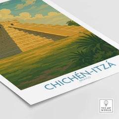 Mexico Mayan Pyramid Chichén Itzá Travel Poster El Castillo Landscape Print Wall Art showcasing the iconic Kukulcan Pyramid.