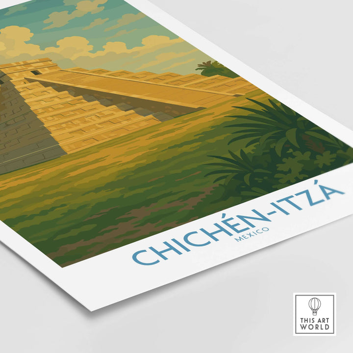 Chichén Itzá travel poster featuring El Castillo pyramid surrounded by lush greenery and a clear sky.