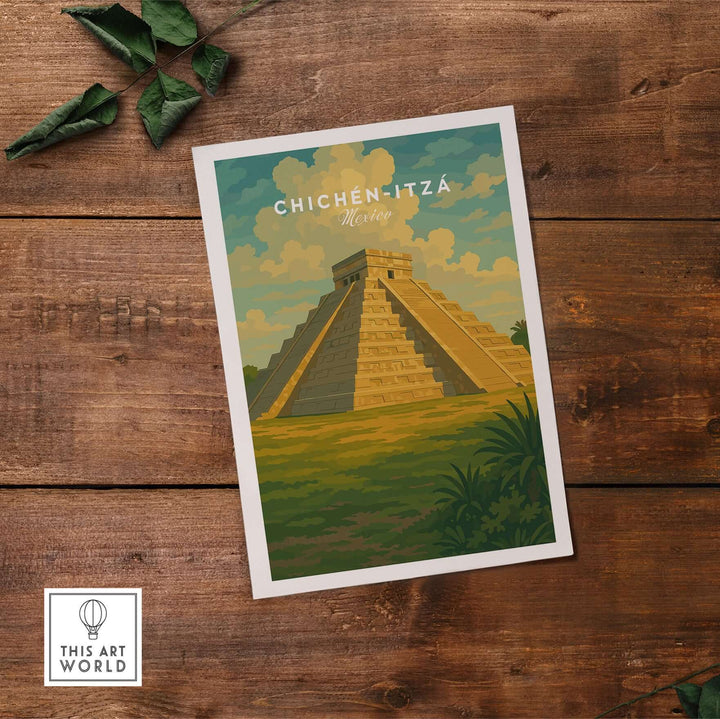 Chichén Itzá Mexico El Castillo Pyramid vintage travel print poster in vibrant colors on a wooden table background.