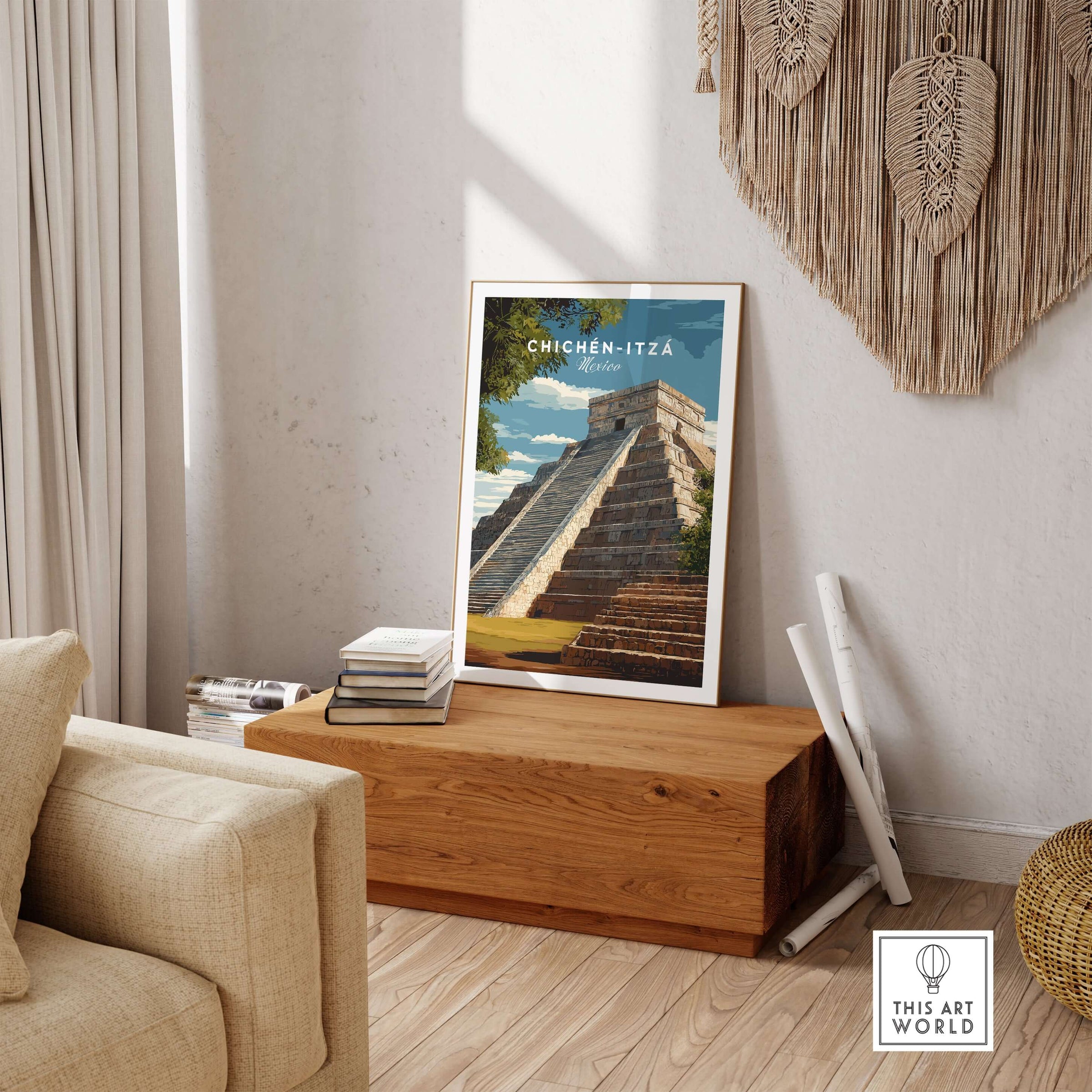 Chichén Itzá Mexico Travel Print El Castillo Pyramid Poster Mayan Ruins Wall Art displayed in a cozy living room setting.