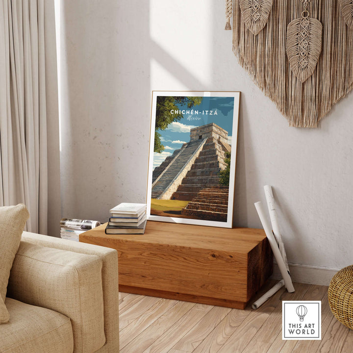 Chichén Itzá travel print poster featuring El Castillo pyramid in a stylish living room decor.