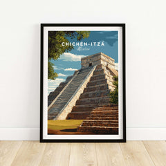 Chichén Itzá Mexico Travel Print El Castillo Pyramid Poster Mayan Ruins Wall Art showcasing the iconic pyramid with staircase.