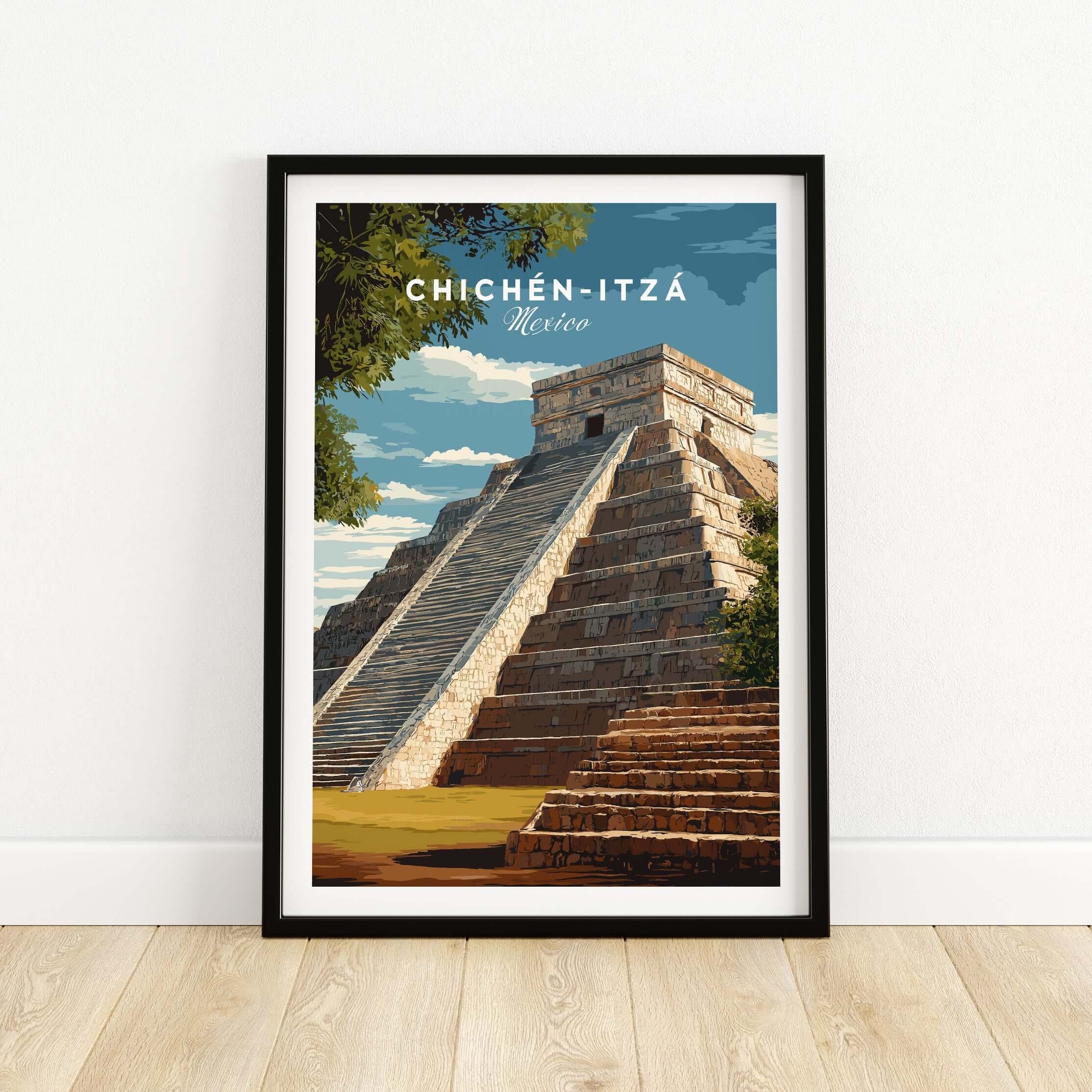 Chichén Itzá Mexico Travel Print El Castillo Pyramid Poster Mayan Ruins Wall Art showcasing the iconic pyramid with staircase.