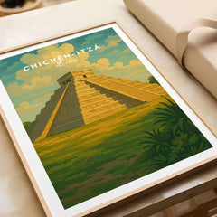 Chichén Itzá Mexico El Castillo Pyramid Travel Print Mayan Landscape Poster Wall Art framed on a textured surface.