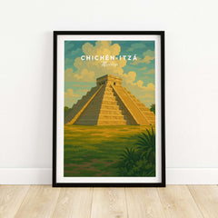 Chichén Itzá Mexico El Castillo Pyramid Travel Print Mayan Landscape Poster Wall Art displayed in a modern frame