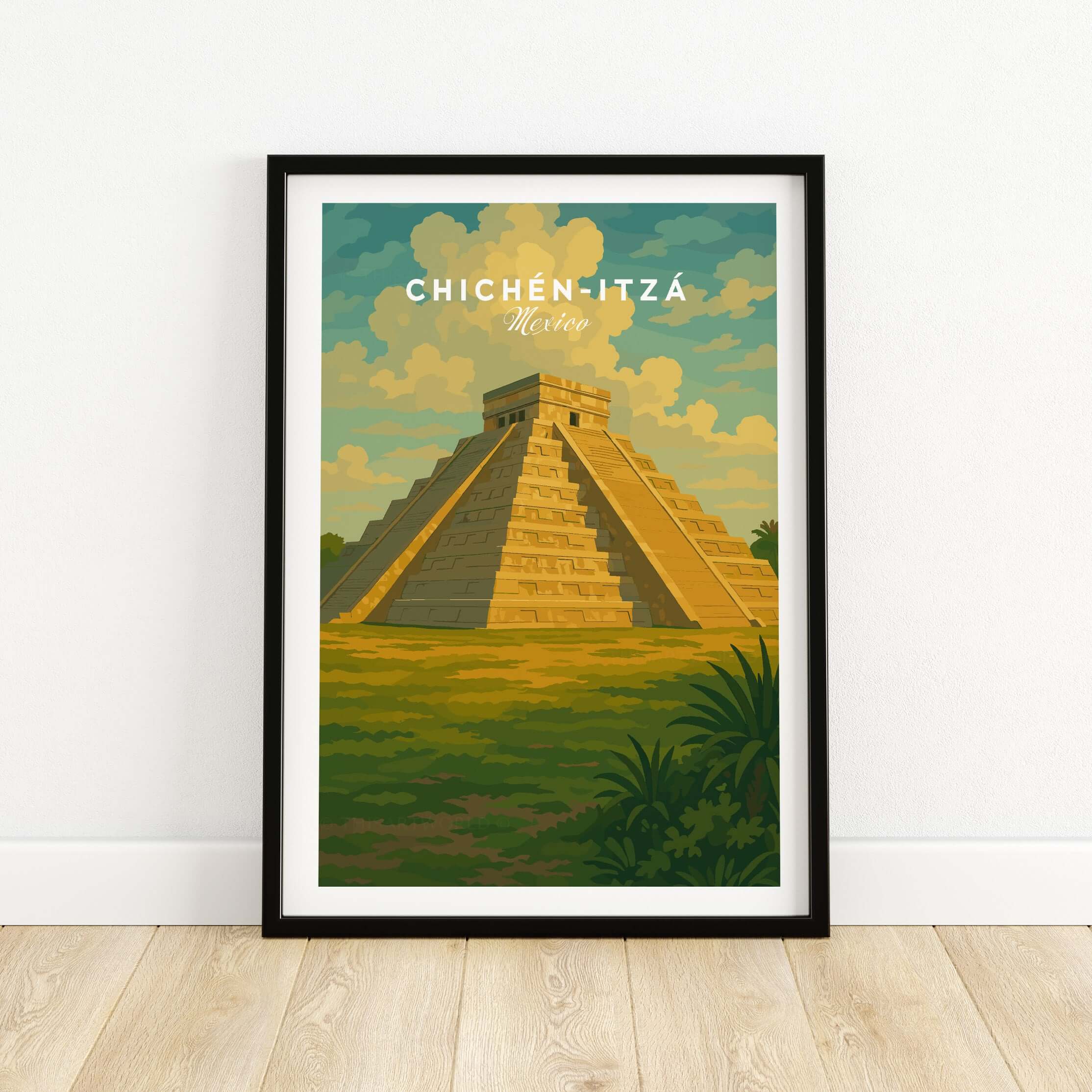 Chichén Itzá Mexico El Castillo Pyramid Travel Print Mayan Landscape Poster Wall Art displayed in a modern frame