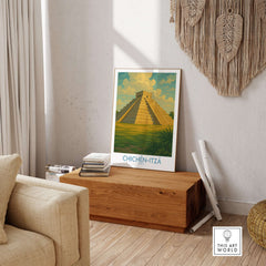 Mexico Mayan Pyramid Chichén Itzá Travel Poster El Castillo Landscape Print Wall Art displayed in a minimalist living room.