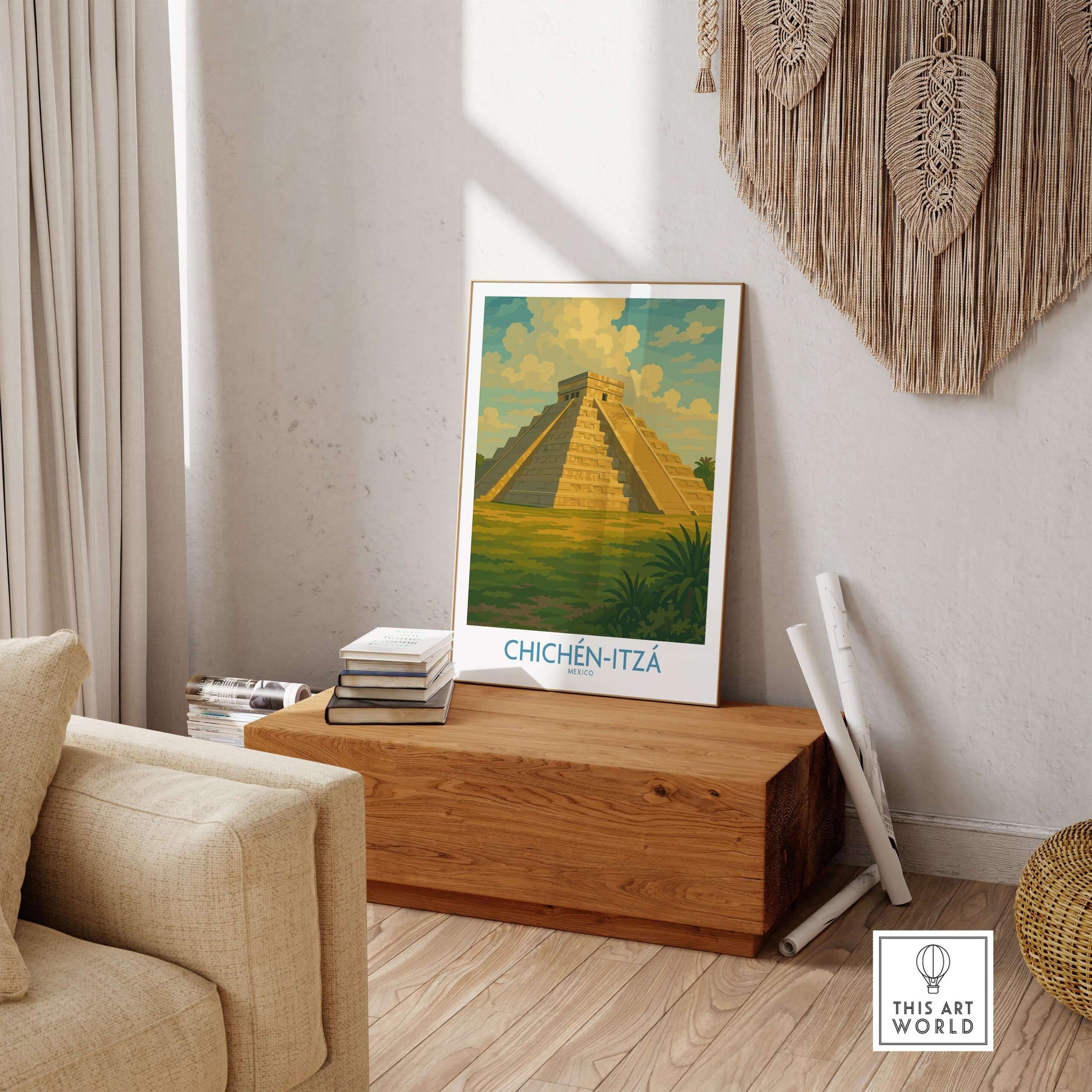 Mexico Mayan Pyramid Chichén Itzá Travel Poster El Castillo Landscape Print Wall Art displayed in a minimalist living room.