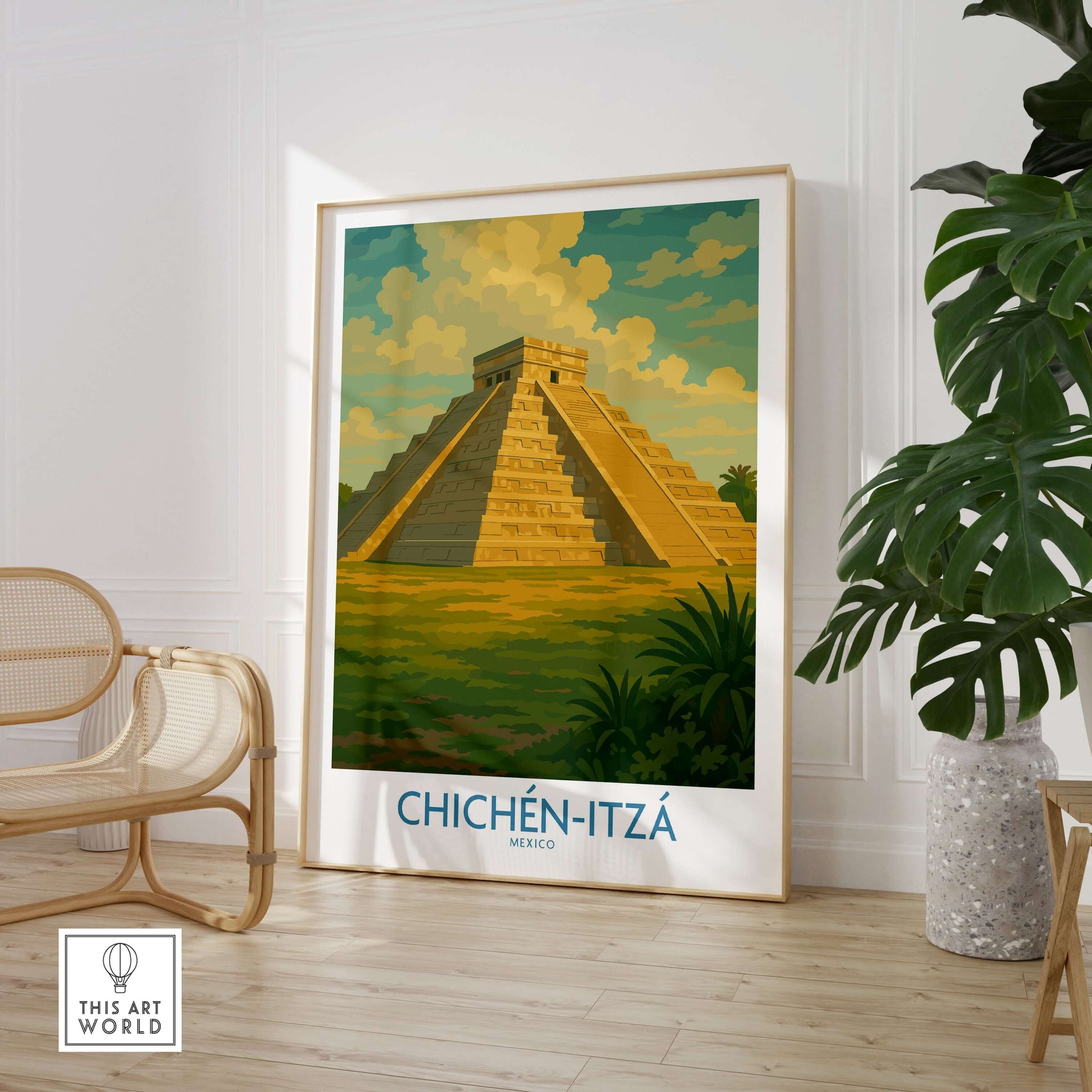 Mexico Mayan Pyramid Chichén Itzá Travel Poster El Castillo Landscape Print Wall Art displayed in a modern interior.