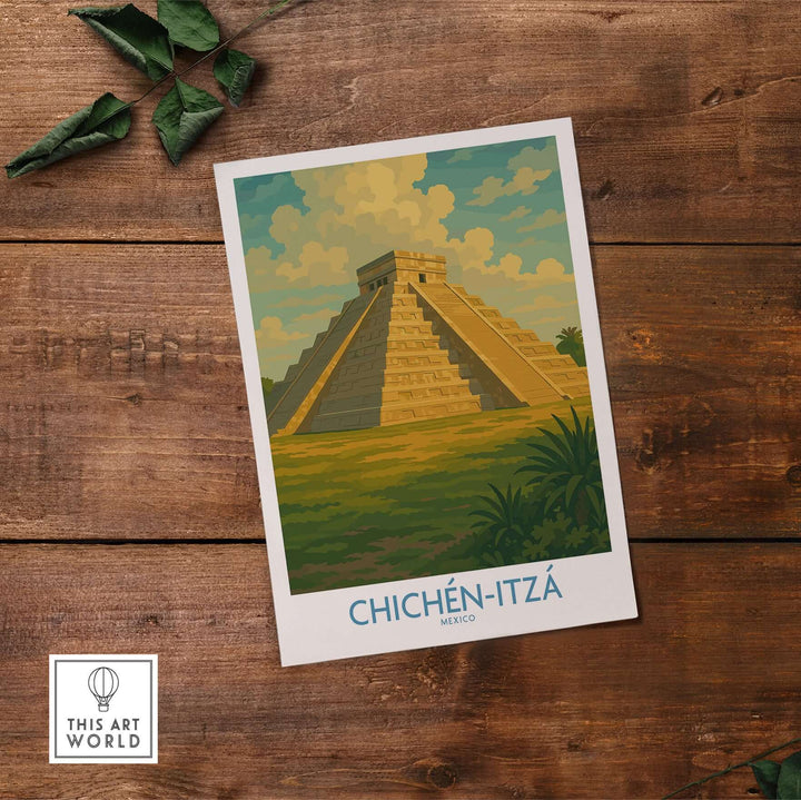 Chichén-Itzá travel poster featuring the Kukulcan Pyramid in a vibrant landscape with a blue sky.