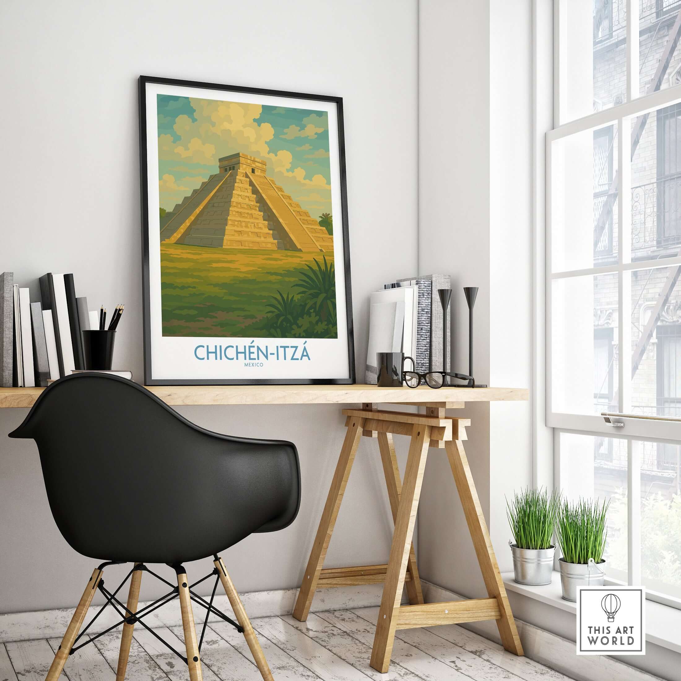 Mexico Mayan Pyramid Chichén Itzá Travel Poster El Castillo Landscape Print Wall Art displayed in a stylish office setting.