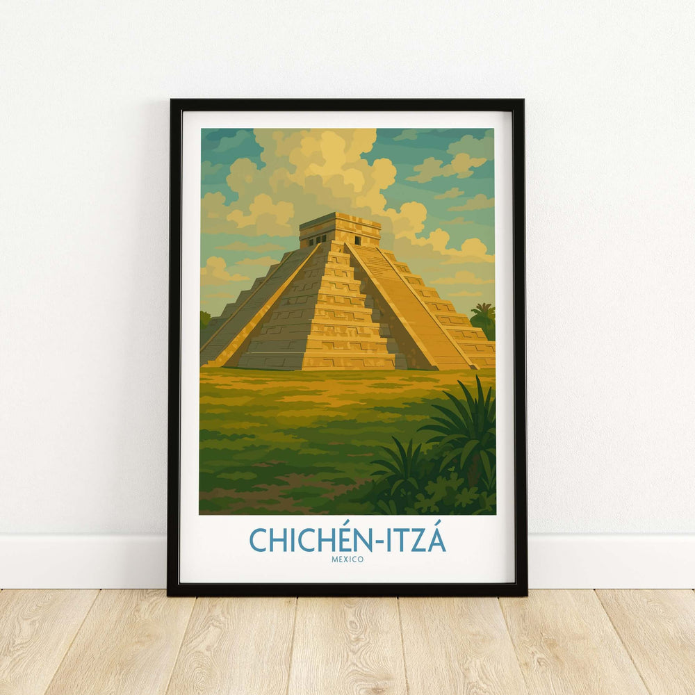 Chichén Itzá travel poster featuring El Castillo pyramid with a colorful landscape and sky, framed wall art.