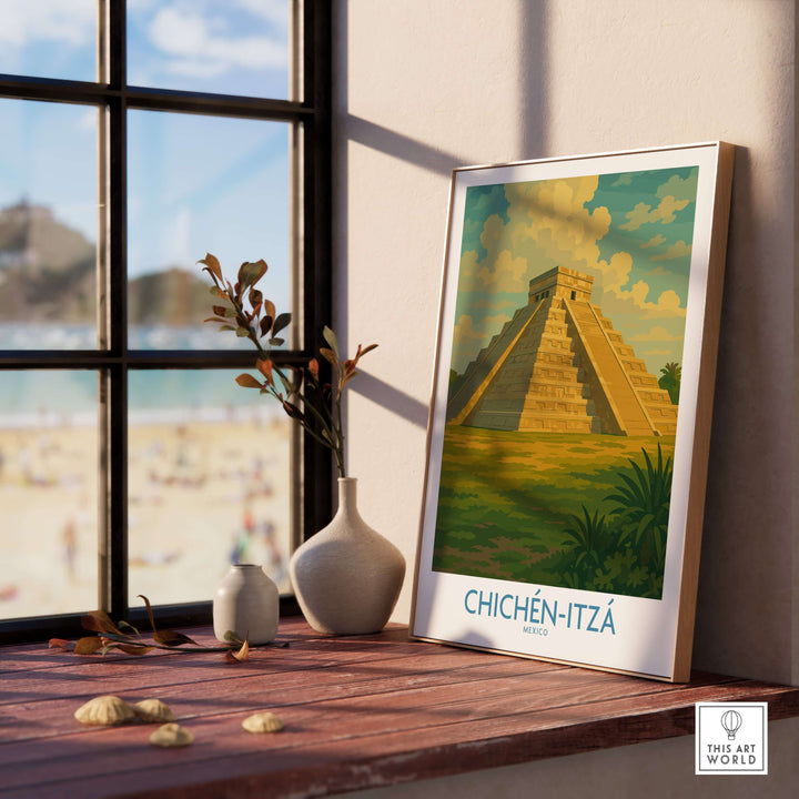 Chichén-Itzá travel poster featuring the Kukulcan Pyramid in a scenic landscape, displayed on a wooden table.