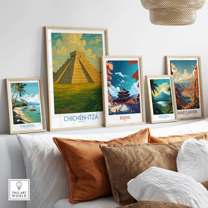 Collection of travel posters including Chichén Itzá pyramid, Beijing, Costa Rica, and Grand Canyon decor.