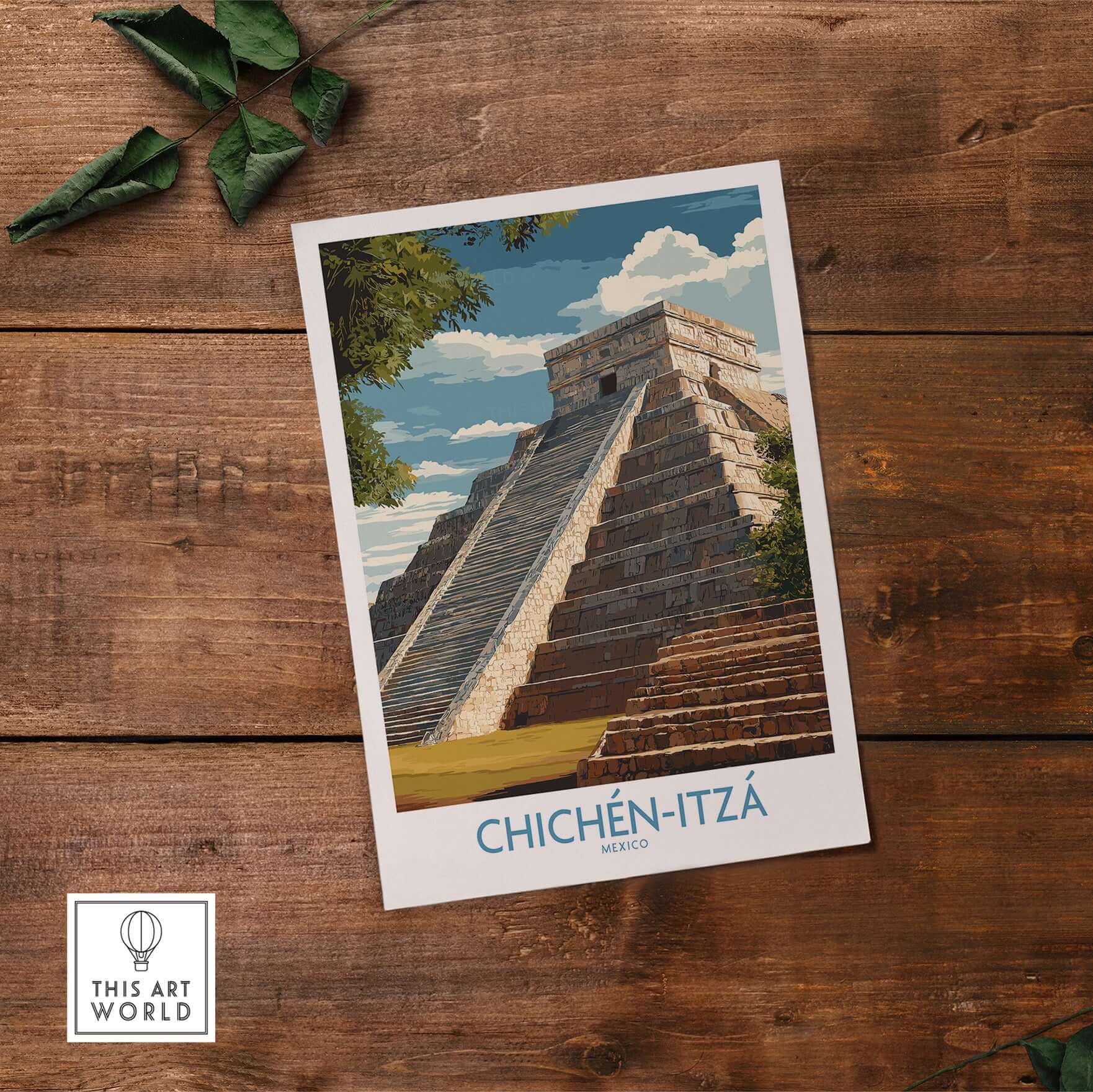 Mexico Chichén Itzá El Castillo Poster Mayan Temple Travel Print Ancient Ruins Wall Art displayed on a wooden background.