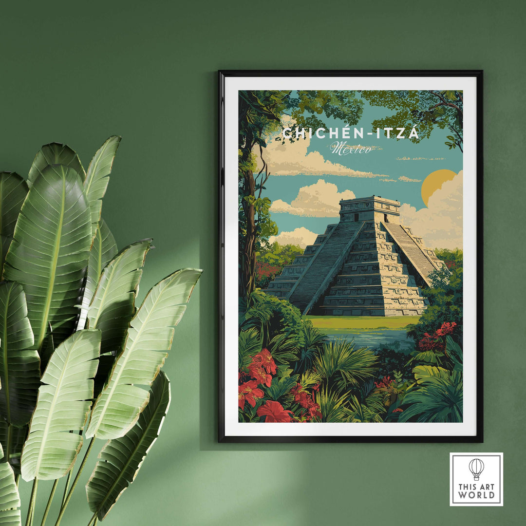 Chichén Itzá travel poster featuring El Castillo pyramid surrounded by jungle foliage and vibrant flowers.