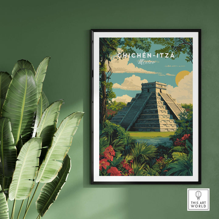 Chichén Itzá travel poster featuring El Castillo pyramid surrounded by jungle foliage and vibrant flowers.
