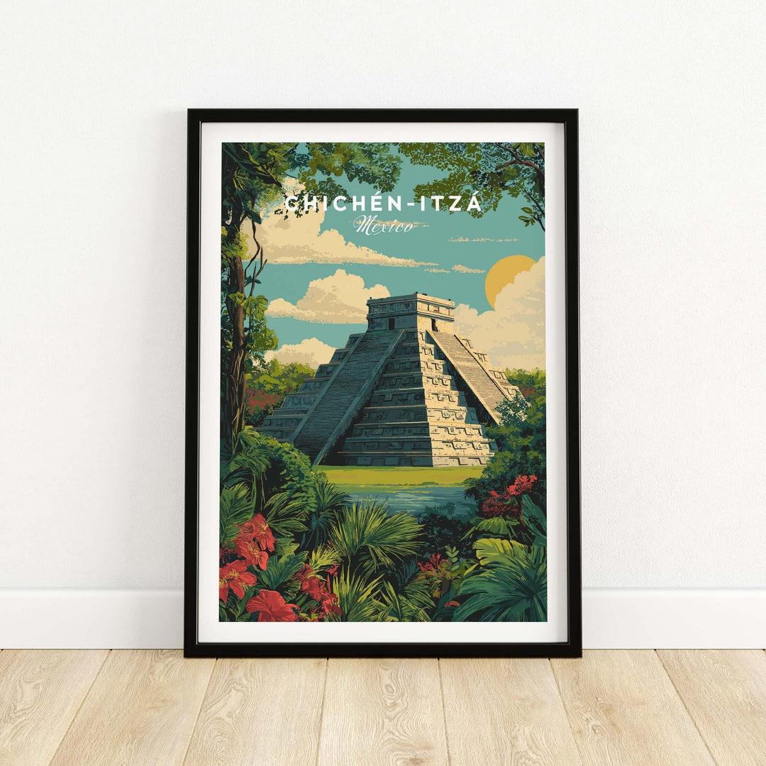 Chichén Itzá travel poster featuring El Castillo pyramid surrounded by lush jungle and vibrant flowers.