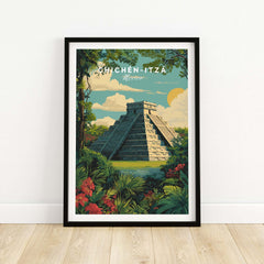Chichén Itzá Mexico Travel Poster Pyramid Jungle Print Mayan Ruins Wall Art Decor featuring El Castillo surrounded by greenery.