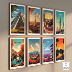 Chichén Itzá Mexico Travel Print El Castillo Pyramid Poster Mayan Ruins Wall Art displayed among travel prints
