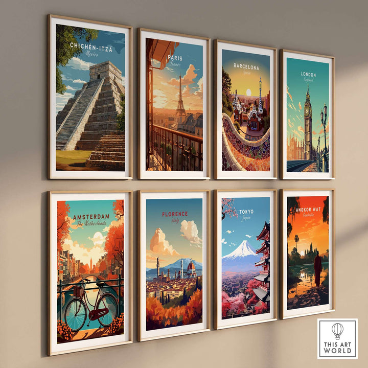 Gallery of travel posters featuring Chichén Itzá, Paris, Barcelona, London, Amsterdam, Florence, Tokyo, and Angkor Wat.