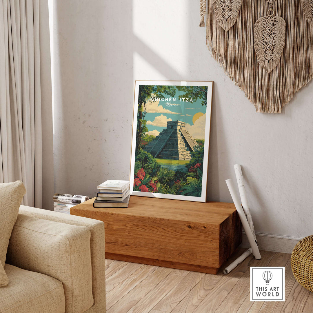 Chichén Itzá travel poster featuring El Castillo pyramid in a jungle setting, decorative wall art for home decor.