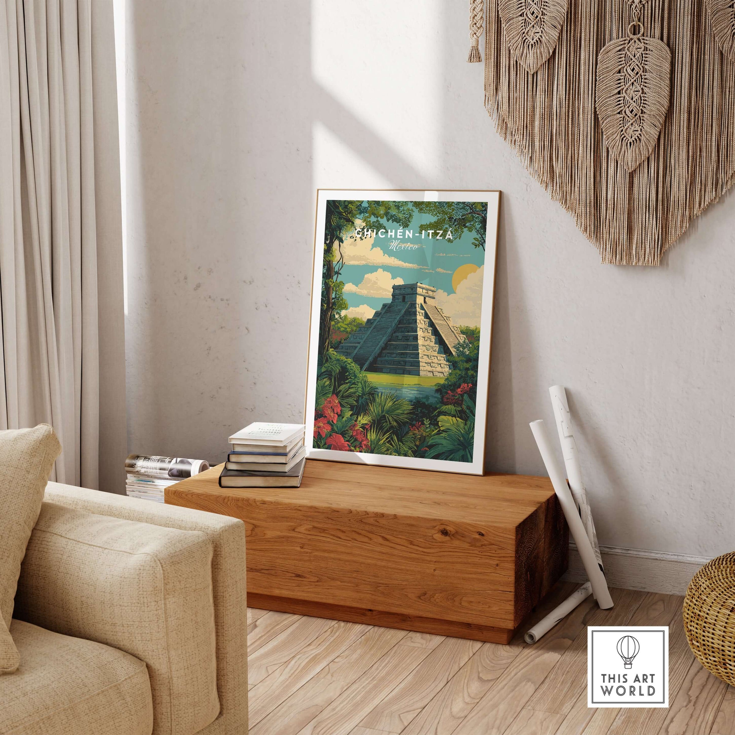 Chichén Itzá Mexico Travel Poster Pyramid Jungle Print Mayan Ruins Wall Art Decor displayed in a cozy living room setting.
