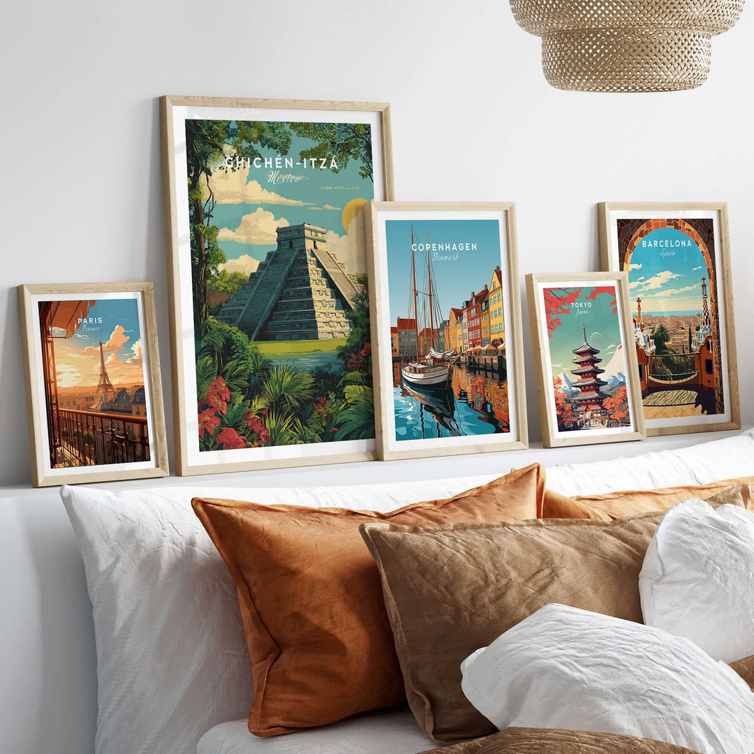 Chichén Itzá travel poster surrounded by framed art prints showcasing global landmarks in a stylish living room.