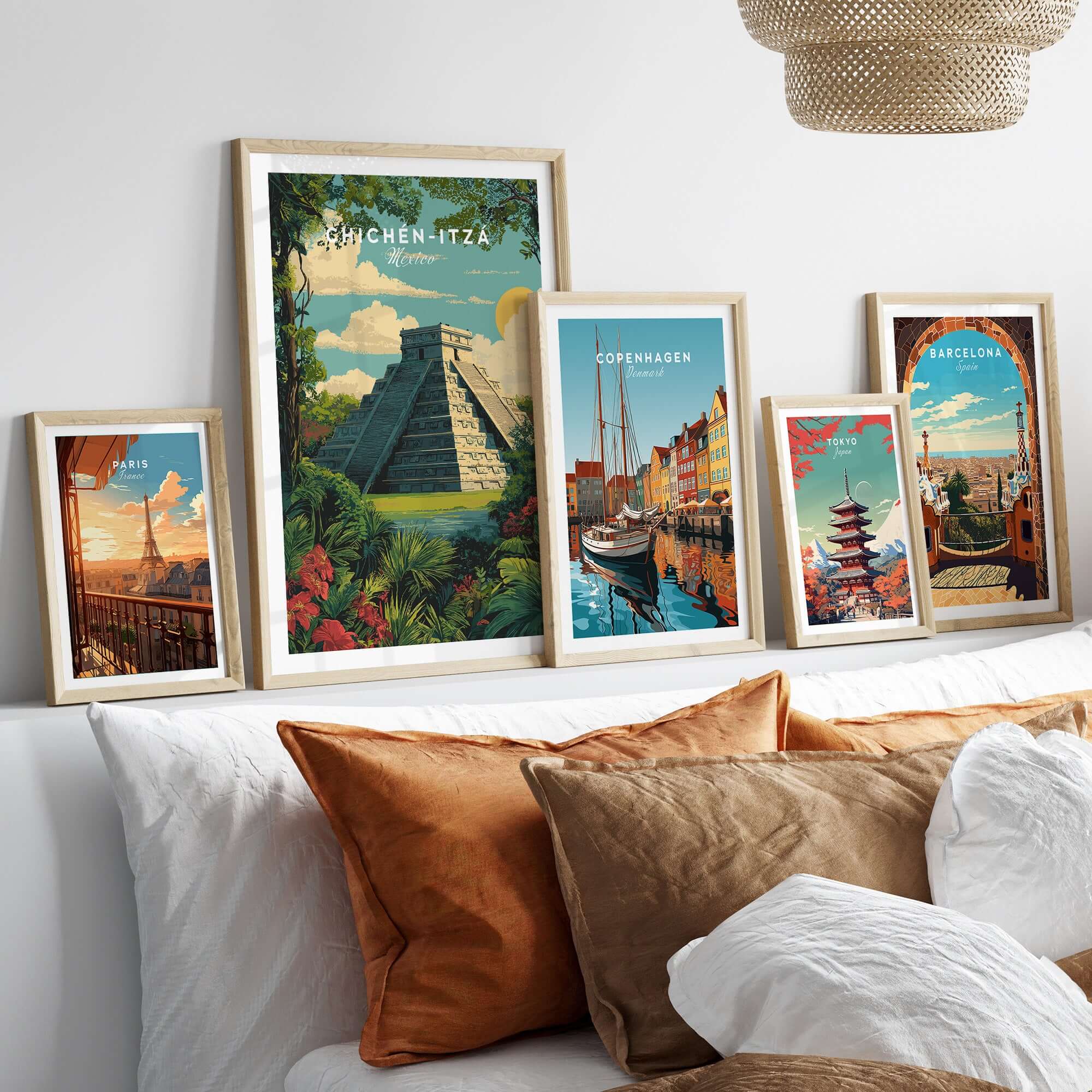 Chichén Itzá Mexico Travel Poster Pyramid Jungle Print Mayan Ruins Wall Art Decor displayed in chic framing on a sofa.