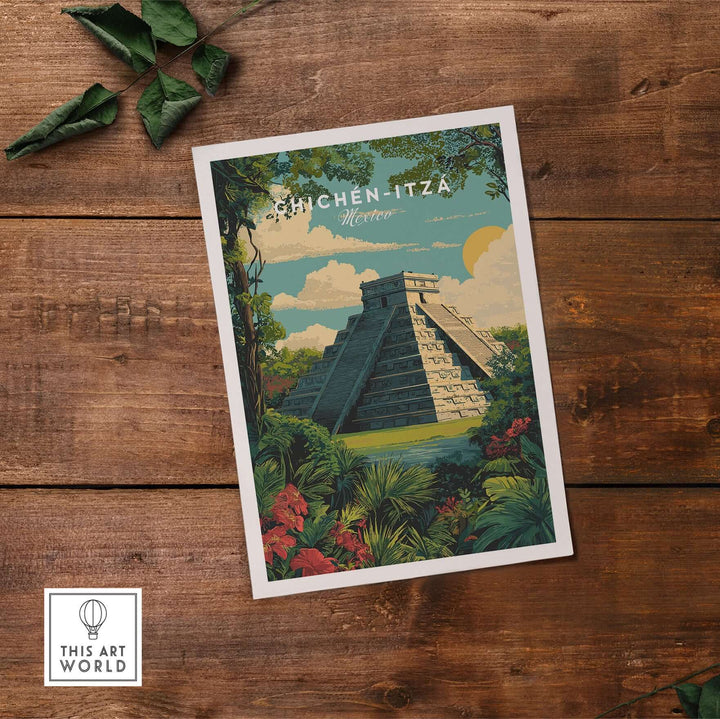 Chichén Itzá travel poster featuring El Castillo pyramid surrounded by lush jungle foliage and bright flowers.