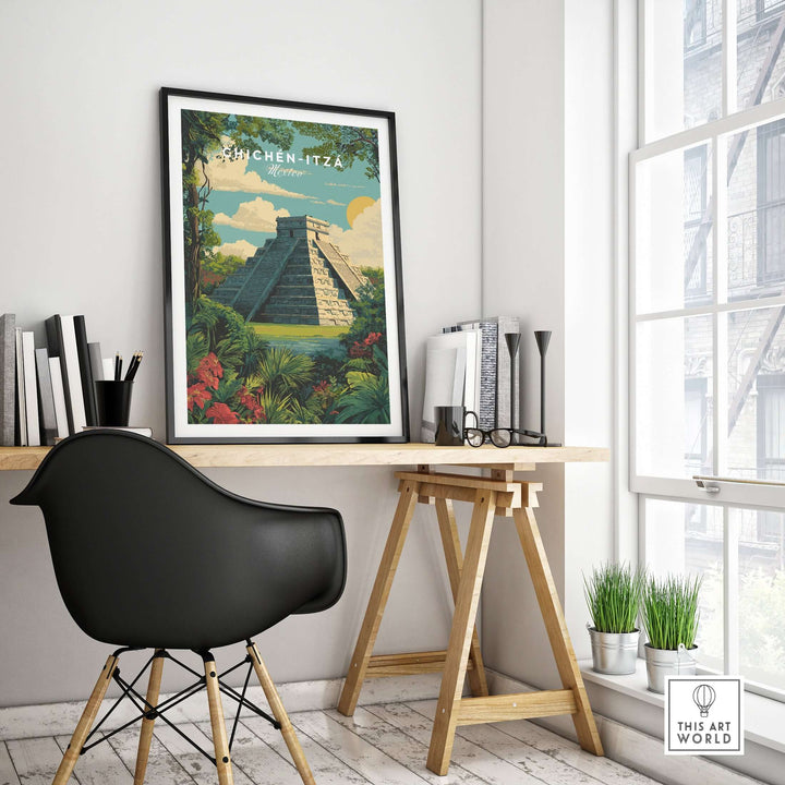 Chichén Itzá travel poster featuring El Castillo pyramid surrounded by jungle decor in a modern workspace.