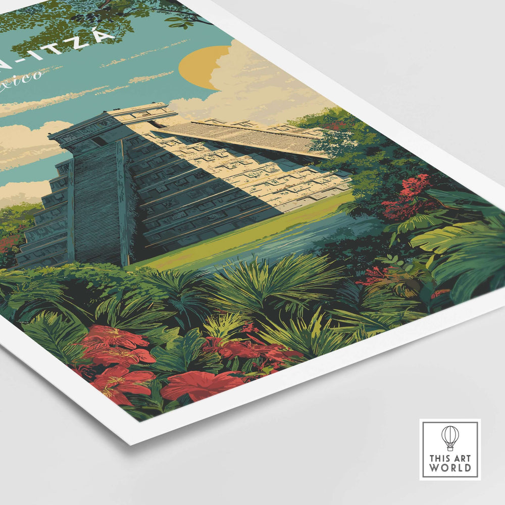 Chichén Itzá travel poster showcasing El Castillo pyramid surrounded by lush jungle and vibrant flowers, perfect wall art decor.