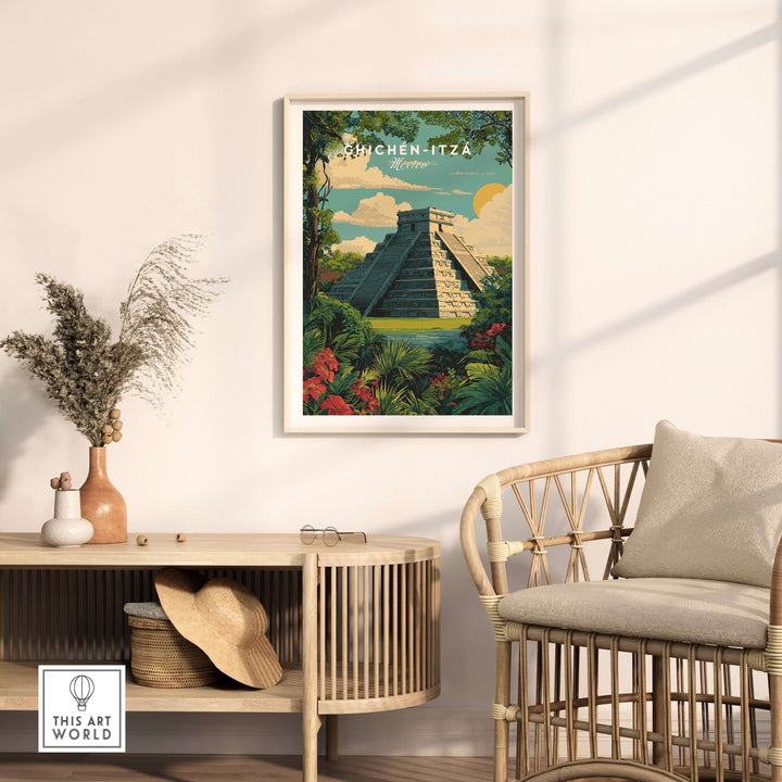 Colorful Chichén Itzá travel poster with El Castillo pyramid surrounded by jungle decor in a modern living room setting.