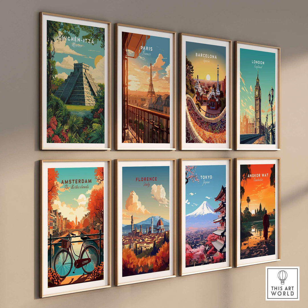 Gallery wall featuring vibrant travel posters of Chichén Itzá, Paris, Barcelona, London, Amsterdam, Florence, Tokyo, and Angkor Wat.