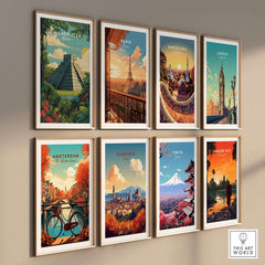 Chichén Itzá Mexico Travel Poster Pyramid Jungle Print Mayan Ruins Wall Art Decor displayed among other travel posters.