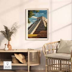 Chichén Itzá Mexico Travel Print El Castillo Pyramid Poster Mayan Ruins Wall Art in a modern living room setting.