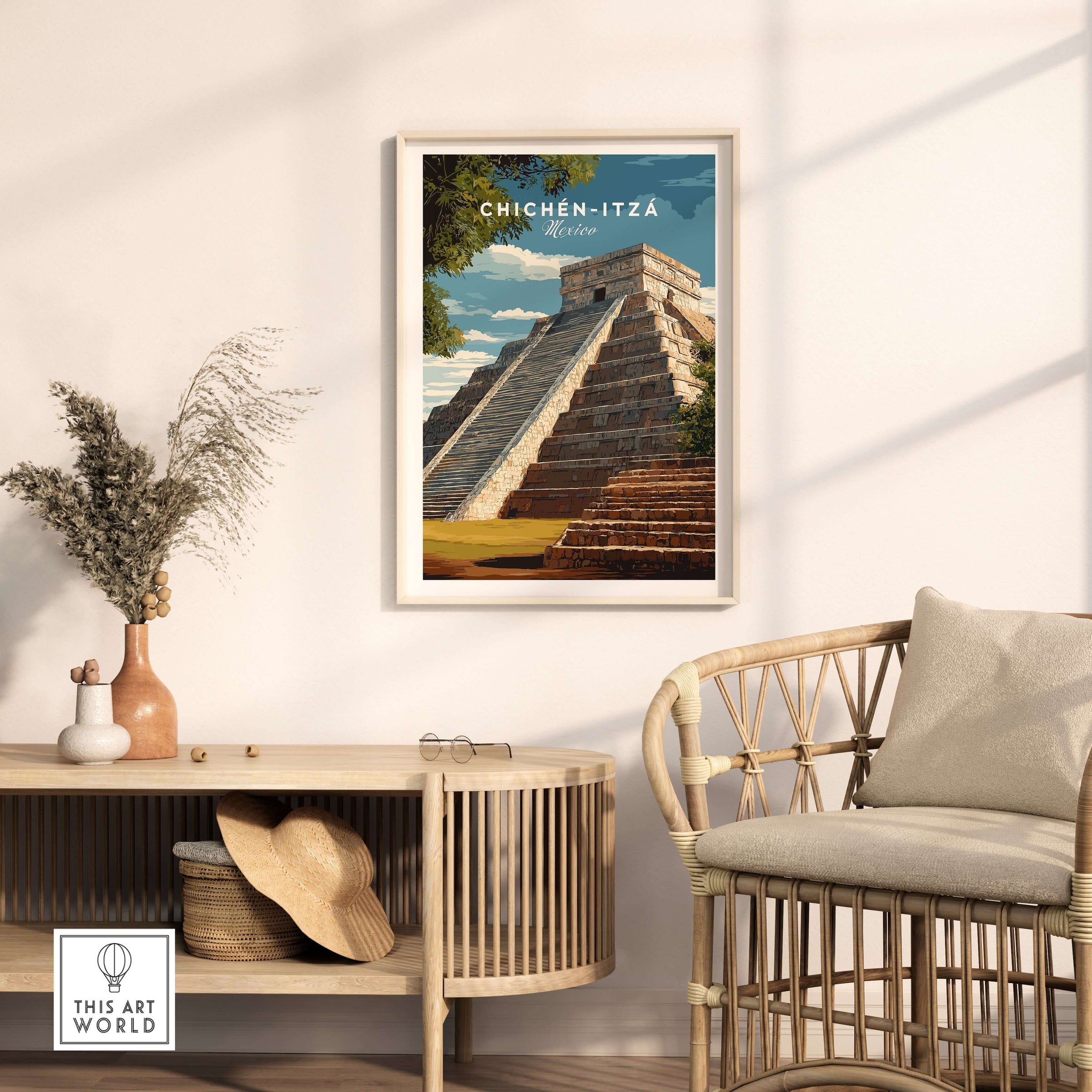 Chichén Itzá Mexico Travel Print El Castillo Pyramid Poster Mayan Ruins Wall Art in a modern living room setting.