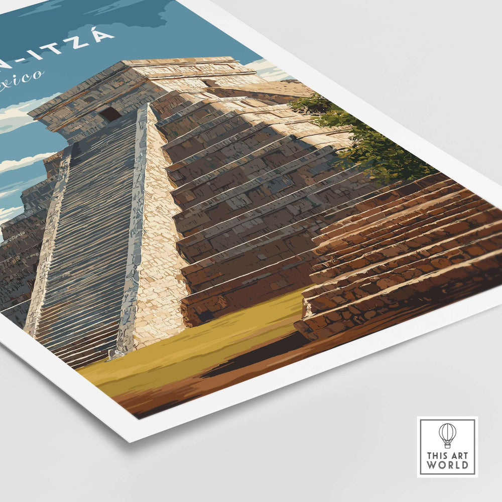 Chichén Itzá travel print featuring El Castillo pyramid, showcasing its grandeur and historical significance against a blue sky.