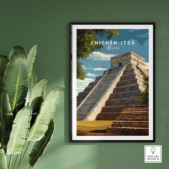 Chichén Itzá travel print featuring El Castillo pyramid against green wall, Mayan ruins wall art poster.
